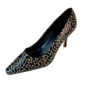 Pierre Dumas Black Faux Leather Tan Abstract Stitching High Heel Pumps Size 8.5